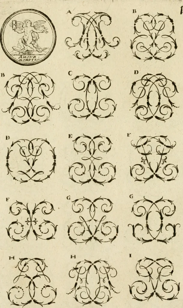 An illustration from Recueil d'emblêmes, devises, medailles, et figures hieroglyphiques, au nombre de plus de douze cent, avec leurs explications : accompagné de plus de deux mille chiffres fleuronnez simples, doubles & triples ... : cet ouvrage qui est enrichy de deux cens cinquante planches en taille-douce, est très-utile aux graveurs, peintres, sculpteurs, orfevres, brodeurs, serruriers & à tous ceux qui travaillent au dessein, 1724, leaf 158