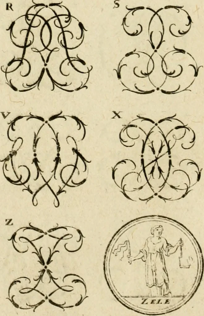 An illustration from Recueil d'emblêmes, devises, medailles, et figures hieroglyphiques, au nombre de plus de douze cent, avec leurs explications : accompagné de plus de deux mille chiffres fleuronnez simples, doubles & triples ... : cet ouvrage qui est enrichy de deux cens cinquante planches en taille-douce, est très-utile aux graveurs, peintres, sculpteurs, orfevres, brodeurs, serruriers & à tous ceux qui travaillent au dessein, 1724, leaf 159