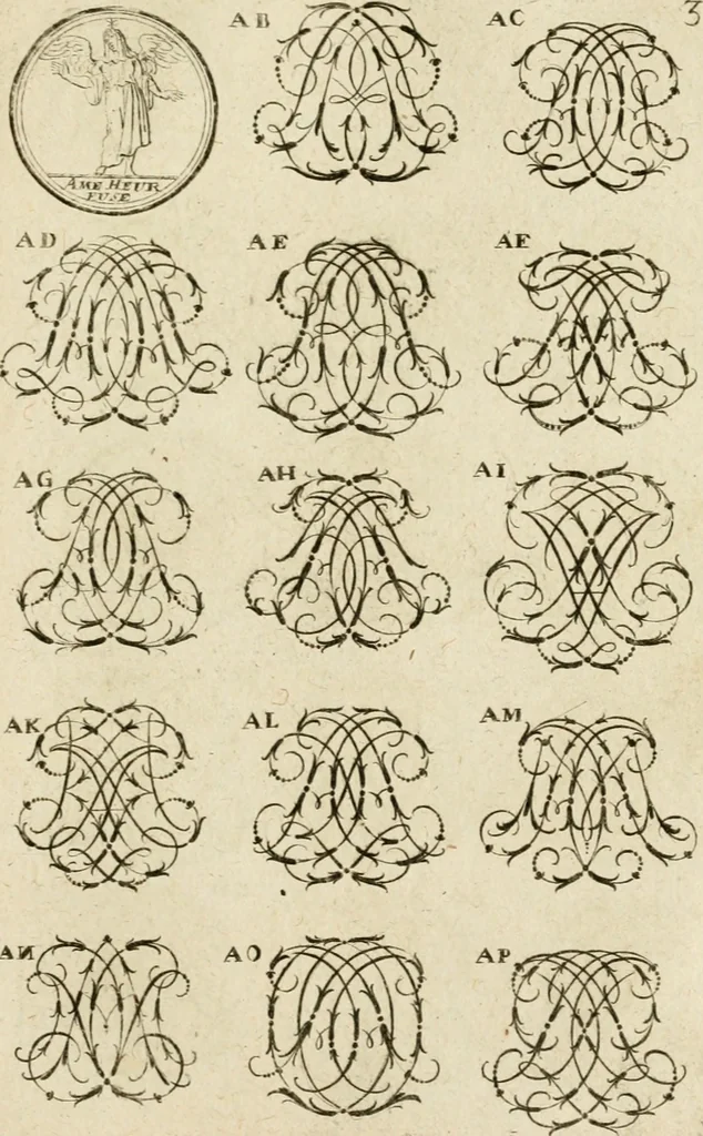 An illustration from Recueil d'emblêmes, devises, medailles, et figures hieroglyphiques, au nombre de plus de douze cent, avec leurs explications : accompagné de plus de deux mille chiffres fleuronnez simples, doubles & triples ... : cet ouvrage qui est enrichy de deux cens cinquante planches en taille-douce, est très-utile aux graveurs, peintres, sculpteurs, orfevres, brodeurs, serruriers & à tous ceux qui travaillent au dessein, 1724, leaf 160