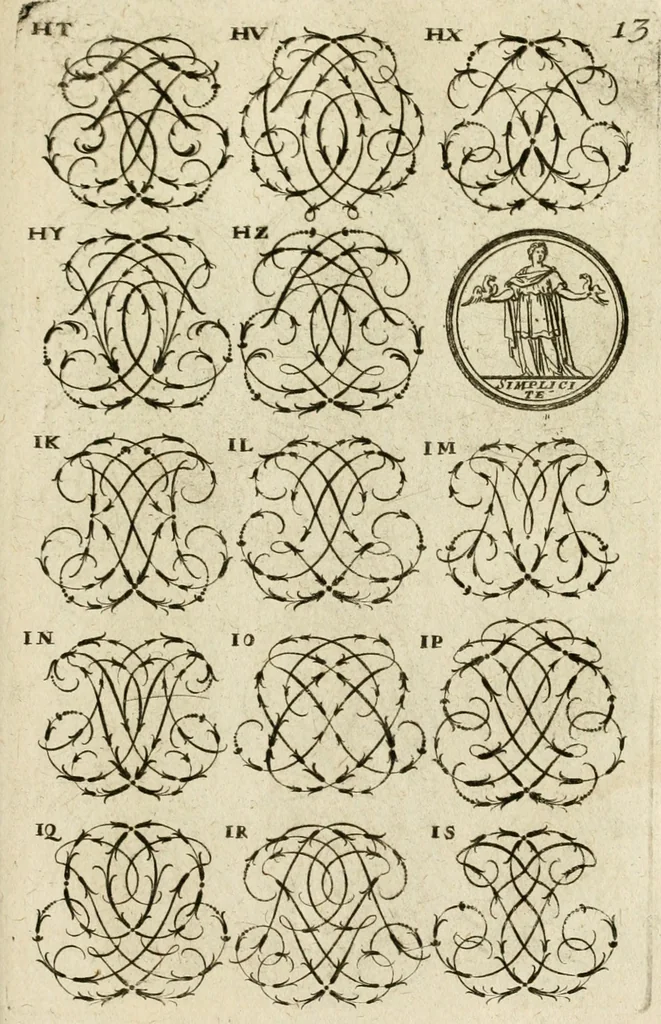 An illustration from Recueil d'emblêmes, devises, medailles, et figures hieroglyphiques, au nombre de plus de douze cent, avec leurs explications : accompagné de plus de deux mille chiffres fleuronnez simples, doubles & triples ... : cet ouvrage qui est enrichy de deux cens cinquante planches en taille-douce, est très-utile aux graveurs, peintres, sculpteurs, orfevres, brodeurs, serruriers & à tous ceux qui travaillent au dessein, 1724, leaf 170