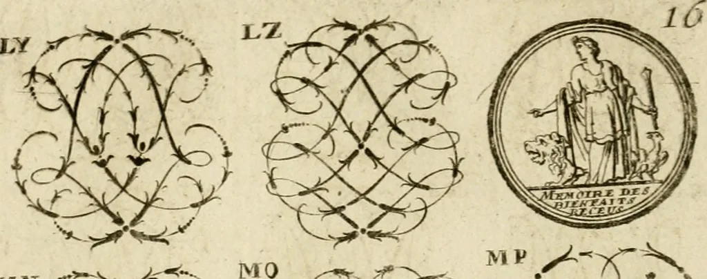 An illustration from Recueil d'emblêmes, devises, medailles, et figures hieroglyphiques, au nombre de plus de douze cent, avec leurs explications : accompagné de plus de deux mille chiffres fleuronnez simples, doubles & triples ... : cet ouvrage qui est enrichy de deux cens cinquante planches en taille-douce, est très-utile aux graveurs, peintres, sculpteurs, orfevres, brodeurs, serruriers & à tous ceux qui travaillent au dessein, 1724, leaf 173
