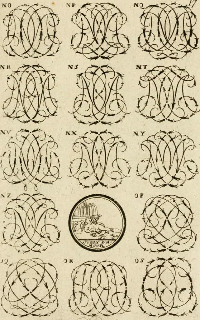 An illustration from Recueil d'emblêmes, devises, medailles, et figures hieroglyphiques, au nombre de plus de douze cent, avec leurs explications : accompagné de plus de deux mille chiffres fleuronnez simples, doubles & triples ... : cet ouvrage qui est enrichy de deux cens cinquante planches en taille-douce, est très-utile aux graveurs, peintres, sculpteurs, orfevres, brodeurs, serruriers & à tous ceux qui travaillent au dessein, 1724, leaf 174