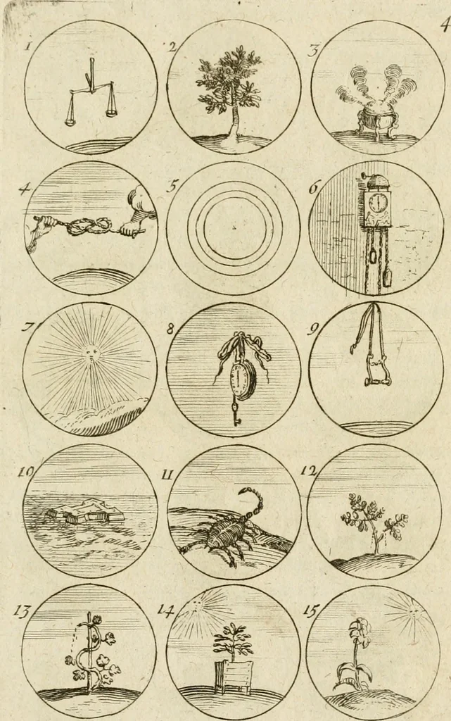 An illustration from Recueil d'emblêmes, devises, medailles, et figures hieroglyphiques, au nombre de plus de douze cent, avec leurs explications : accompagné de plus de deux mille chiffres fleuronnez simples, doubles & triples ... : cet ouvrage qui est enrichy de deux cens cinquante planches en taille-douce, est très-utile aux graveurs, peintres, sculpteurs, orfevres, brodeurs, serruriers & à tous ceux qui travaillent au dessein, 1724, leaf 18