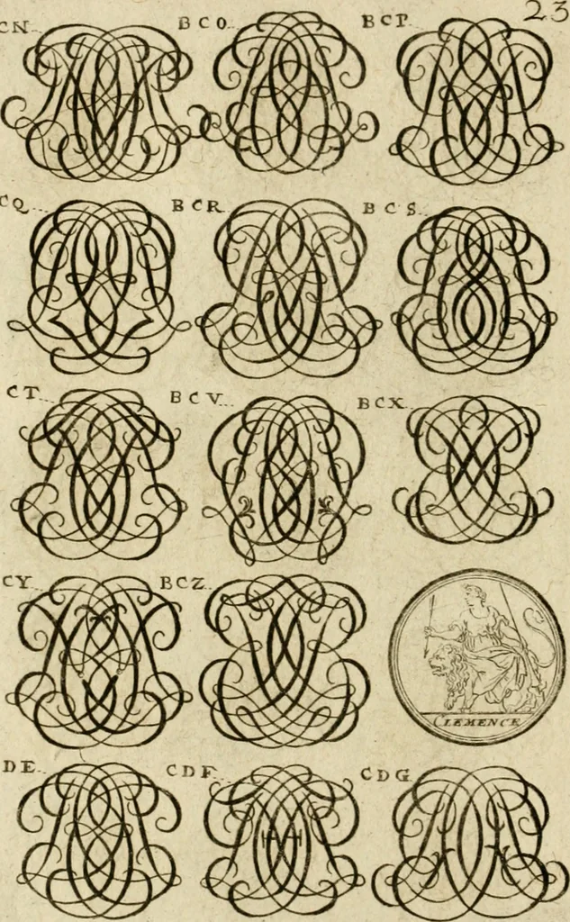 An illustration from Recueil d'emblêmes, devises, medailles, et figures hieroglyphiques, au nombre de plus de douze cent, avec leurs explications : accompagné de plus de deux mille chiffres fleuronnez simples, doubles & triples ... : cet ouvrage qui est enrichy de deux cens cinquante planches en taille-douce, est très-utile aux graveurs, peintres, sculpteurs, orfevres, brodeurs, serruriers & à tous ceux qui travaillent au dessein, 1724, leaf 181