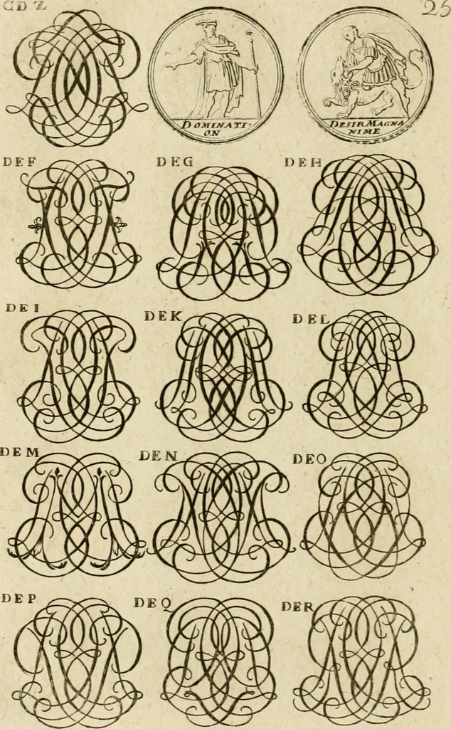 An illustration from Recueil d'emblêmes, devises, medailles, et figures hieroglyphiques, au nombre de plus de douze cent, avec leurs explications : accompagné de plus de deux mille chiffres fleuronnez simples, doubles & triples ... : cet ouvrage qui est enrichy de deux cens cinquante planches en taille-douce, est très-utile aux graveurs, peintres, sculpteurs, orfevres, brodeurs, serruriers & à tous ceux qui travaillent au dessein, 1724, leaf 183