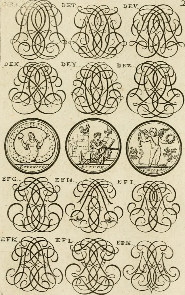 An illustration from Recueil d'emblêmes, devises, medailles, et figures hieroglyphiques, au nombre de plus de douze cent, avec leurs explications : accompagné de plus de deux mille chiffres fleuronnez simples, doubles & triples ... : cet ouvrage qui est enrichy de deux cens cinquante planches en taille-douce, est très-utile aux graveurs, peintres, sculpteurs, orfevres, brodeurs, serruriers & à tous ceux qui travaillent au dessein, 1724, leaf 184
