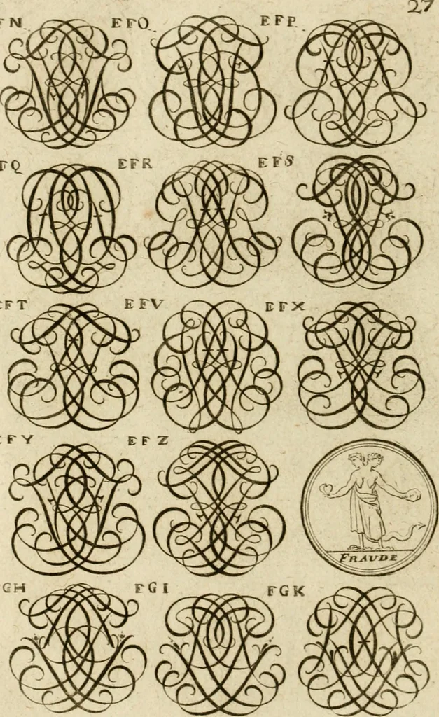 An illustration from Recueil d'emblêmes, devises, medailles, et figures hieroglyphiques, au nombre de plus de douze cent, avec leurs explications : accompagné de plus de deux mille chiffres fleuronnez simples, doubles & triples ... : cet ouvrage qui est enrichy de deux cens cinquante planches en taille-douce, est très-utile aux graveurs, peintres, sculpteurs, orfevres, brodeurs, serruriers & à tous ceux qui travaillent au dessein, 1724, leaf 185
