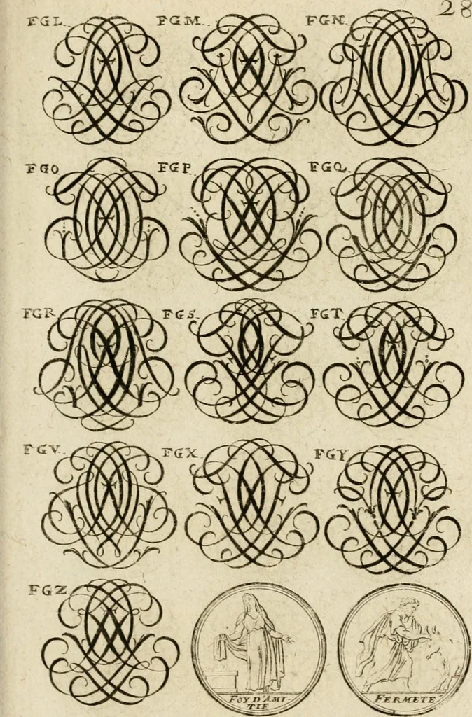 An illustration from Recueil d'emblêmes, devises, medailles, et figures hieroglyphiques, au nombre de plus de douze cent, avec leurs explications : accompagné de plus de deux mille chiffres fleuronnez simples, doubles & triples ... : cet ouvrage qui est enrichy de deux cens cinquante planches en taille-douce, est très-utile aux graveurs, peintres, sculpteurs, orfevres, brodeurs, serruriers & à tous ceux qui travaillent au dessein, 1724, leaf 186