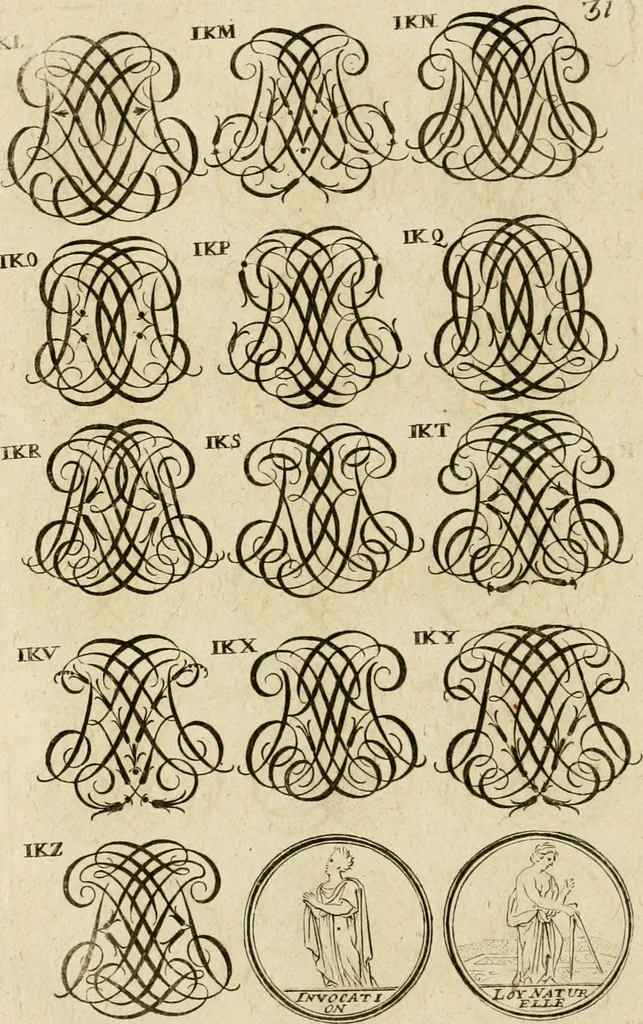 An illustration from Recueil d'emblêmes, devises, medailles, et figures hieroglyphiques, au nombre de plus de douze cent, avec leurs explications : accompagné de plus de deux mille chiffres fleuronnez simples, doubles & triples ... : cet ouvrage qui est enrichy de deux cens cinquante planches en taille-douce, est très-utile aux graveurs, peintres, sculpteurs, orfevres, brodeurs, serruriers & à tous ceux qui travaillent au dessein, 1724, leaf 189