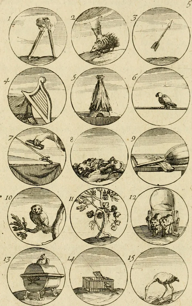 An illustration from Recueil d'emblêmes, devises, medailles, et figures hieroglyphiques, au nombre de plus de douze cent, avec leurs explications : accompagné de plus de deux mille chiffres fleuronnez simples, doubles & triples ... : cet ouvrage qui est enrichy de deux cens cinquante planches en taille-douce, est très-utile aux graveurs, peintres, sculpteurs, orfevres, brodeurs, serruriers & à tous ceux qui travaillent au dessein, 1724, leaf 19