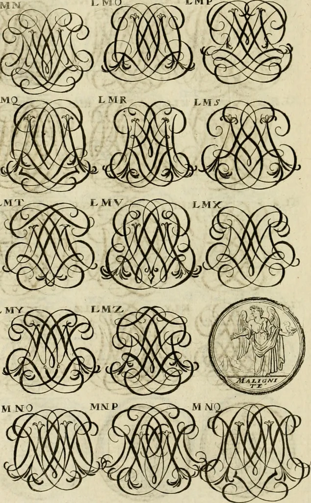 An illustration from Recueil d'emblêmes, devises, medailles, et figures hieroglyphiques, au nombre de plus de douze cent, avec leurs explications : accompagné de plus de deux mille chiffres fleuronnez simples, doubles & triples ... : cet ouvrage qui est enrichy de deux cens cinquante planches en taille-douce, est très-utile aux graveurs, peintres, sculpteurs, orfevres, brodeurs, serruriers & à tous ceux qui travaillent au dessein, 1724, leaf 191