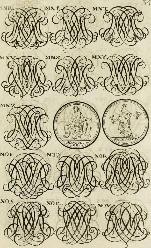 An illustration from Recueil d'emblêmes, devises, medailles, et figures hieroglyphiques, au nombre de plus de douze cent, avec leurs explications : accompagné de plus de deux mille chiffres fleuronnez simples, doubles & triples ... : cet ouvrage qui est enrichy de deux cens cinquante planches en taille-douce, est très-utile aux graveurs, peintres, sculpteurs, orfevres, brodeurs, serruriers & à tous ceux qui travaillent au dessein, 1724, leaf 192