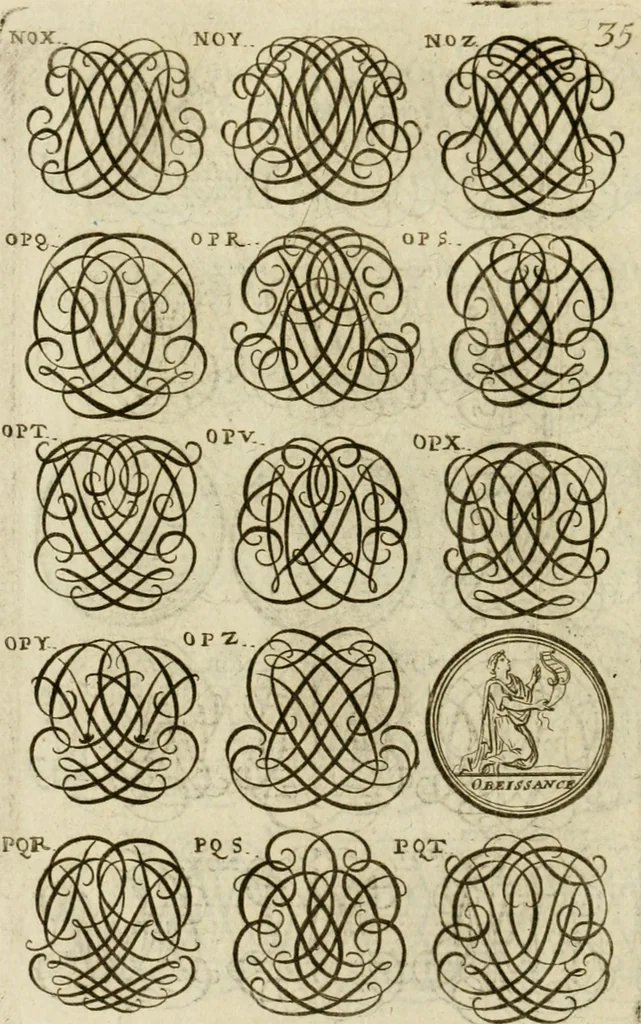 An illustration from Recueil d'emblêmes, devises, medailles, et figures hieroglyphiques, au nombre de plus de douze cent, avec leurs explications : accompagné de plus de deux mille chiffres fleuronnez simples, doubles & triples ... : cet ouvrage qui est enrichy de deux cens cinquante planches en taille-douce, est très-utile aux graveurs, peintres, sculpteurs, orfevres, brodeurs, serruriers & à tous ceux qui travaillent au dessein, 1724, leaf 193