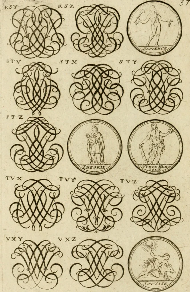 An illustration from Recueil d'emblêmes, devises, medailles, et figures hieroglyphiques, au nombre de plus de douze cent, avec leurs explications : accompagné de plus de deux mille chiffres fleuronnez simples, doubles & triples ... : cet ouvrage qui est enrichy de deux cens cinquante planches en taille-douce, est très-utile aux graveurs, peintres, sculpteurs, orfevres, brodeurs, serruriers & à tous ceux qui travaillent au dessein, 1724, leaf 195