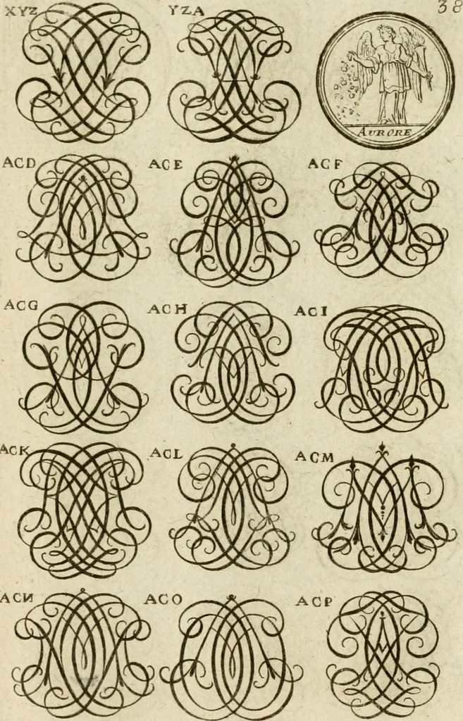 An illustration from Recueil d'emblêmes, devises, medailles, et figures hieroglyphiques, au nombre de plus de douze cent, avec leurs explications : accompagné de plus de deux mille chiffres fleuronnez simples, doubles & triples ... : cet ouvrage qui est enrichy de deux cens cinquante planches en taille-douce, est très-utile aux graveurs, peintres, sculpteurs, orfevres, brodeurs, serruriers & à tous ceux qui travaillent au dessein, 1724, leaf 196