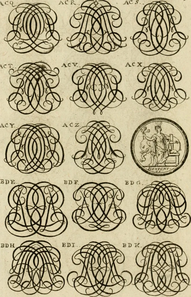 An illustration from Recueil d'emblêmes, devises, medailles, et figures hieroglyphiques, au nombre de plus de douze cent, avec leurs explications : accompagné de plus de deux mille chiffres fleuronnez simples, doubles & triples ... : cet ouvrage qui est enrichy de deux cens cinquante planches en taille-douce, est très-utile aux graveurs, peintres, sculpteurs, orfevres, brodeurs, serruriers & à tous ceux qui travaillent au dessein, 1724, leaf 197