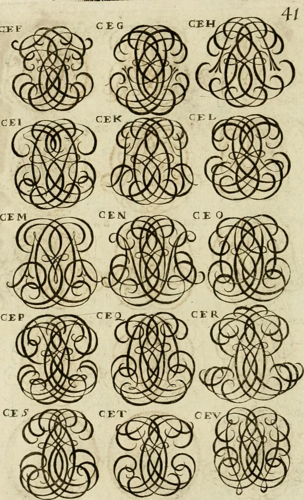 An illustration from Recueil d'emblêmes, devises, medailles, et figures hieroglyphiques, au nombre de plus de douze cent, avec leurs explications : accompagné de plus de deux mille chiffres fleuronnez simples, doubles & triples ... : cet ouvrage qui est enrichy de deux cens cinquante planches en taille-douce, est très-utile aux graveurs, peintres, sculpteurs, orfevres, brodeurs, serruriers & à tous ceux qui travaillent au dessein, 1724, leaf 199