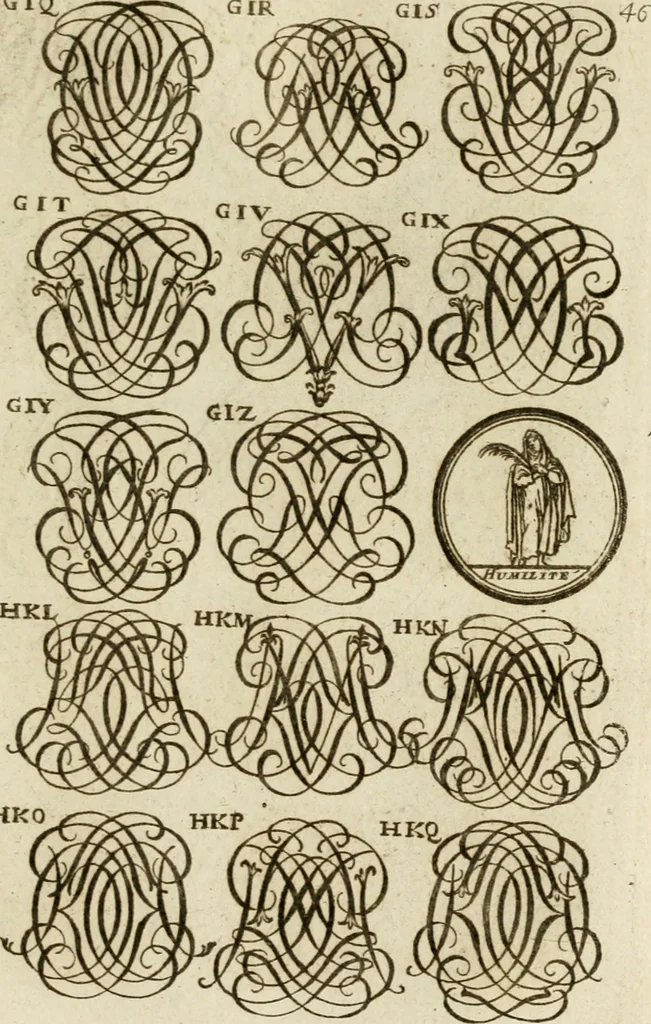 An illustration from Recueil d'emblêmes, devises, medailles, et figures hieroglyphiques, au nombre de plus de douze cent, avec leurs explications : accompagné de plus de deux mille chiffres fleuronnez simples, doubles & triples ... : cet ouvrage qui est enrichy de deux cens cinquante planches en taille-douce, est très-utile aux graveurs, peintres, sculpteurs, orfevres, brodeurs, serruriers & à tous ceux qui travaillent au dessein, 1724, leaf 204
