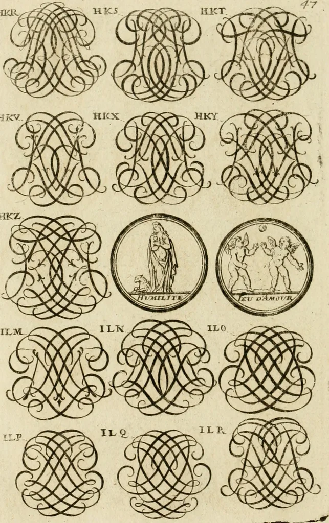 An illustration from Recueil d'emblêmes, devises, medailles, et figures hieroglyphiques, au nombre de plus de douze cent, avec leurs explications : accompagné de plus de deux mille chiffres fleuronnez simples, doubles & triples ... : cet ouvrage qui est enrichy de deux cens cinquante planches en taille-douce, est très-utile aux graveurs, peintres, sculpteurs, orfevres, brodeurs, serruriers & à tous ceux qui travaillent au dessein, 1724, leaf 205