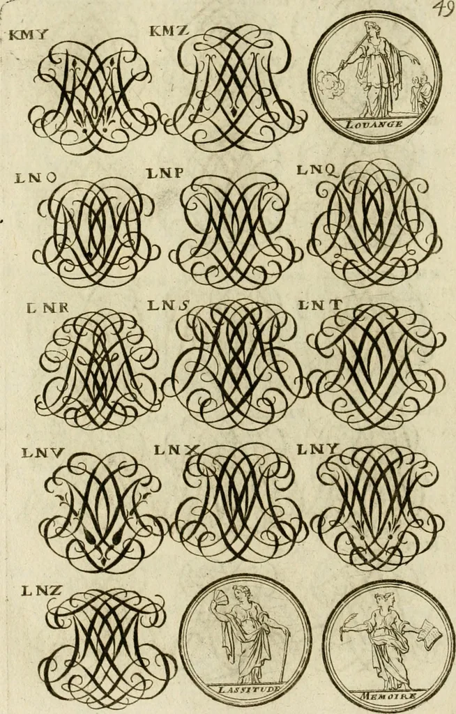 An illustration from Recueil d'emblêmes, devises, medailles, et figures hieroglyphiques, au nombre de plus de douze cent, avec leurs explications : accompagné de plus de deux mille chiffres fleuronnez simples, doubles & triples ... : cet ouvrage qui est enrichy de deux cens cinquante planches en taille-douce, est très-utile aux graveurs, peintres, sculpteurs, orfevres, brodeurs, serruriers & à tous ceux qui travaillent au dessein, 1724, leaf 207