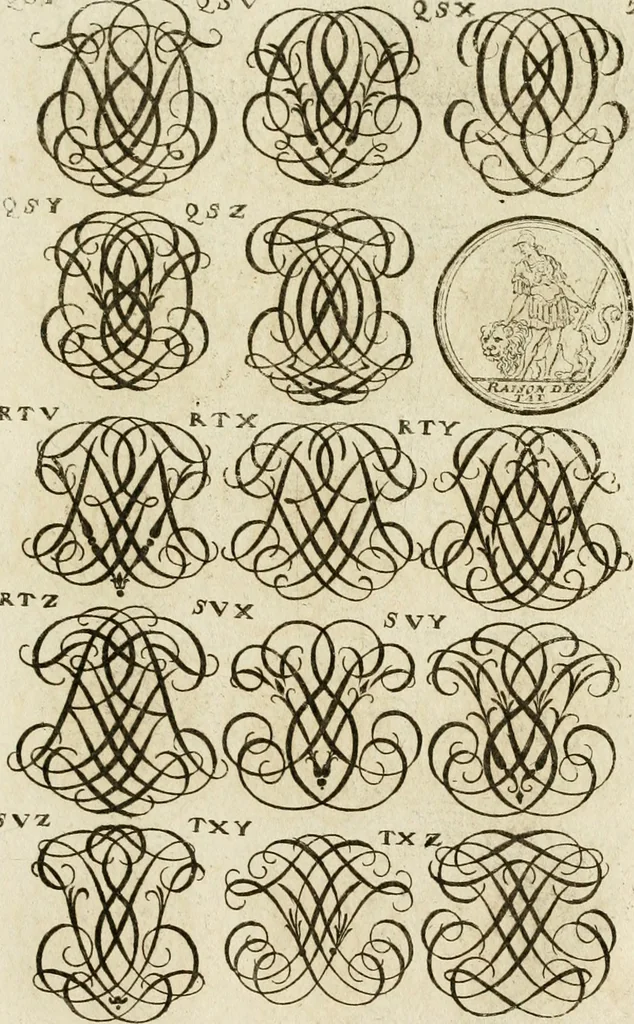 An illustration from Recueil d'emblêmes, devises, medailles, et figures hieroglyphiques, au nombre de plus de douze cent, avec leurs explications : accompagné de plus de deux mille chiffres fleuronnez simples, doubles & triples ... : cet ouvrage qui est enrichy de deux cens cinquante planches en taille-douce, est très-utile aux graveurs, peintres, sculpteurs, orfevres, brodeurs, serruriers & à tous ceux qui travaillent au dessein, 1724, leaf 210