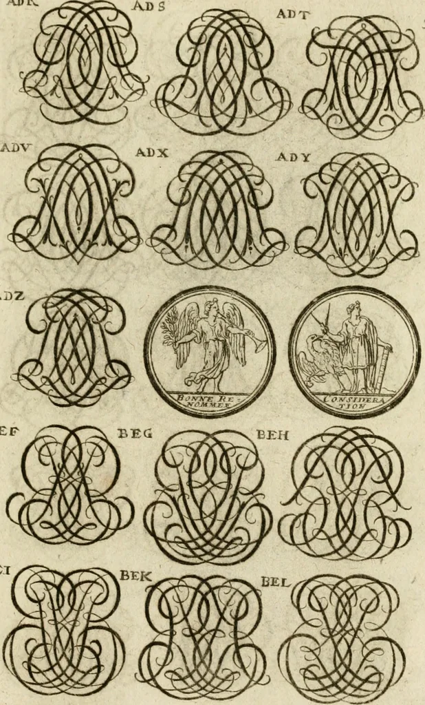 An illustration from Recueil d'emblêmes, devises, medailles, et figures hieroglyphiques, au nombre de plus de douze cent, avec leurs explications : accompagné de plus de deux mille chiffres fleuronnez simples, doubles & triples ... : cet ouvrage qui est enrichy de deux cens cinquante planches en taille-douce, est très-utile aux graveurs, peintres, sculpteurs, orfevres, brodeurs, serruriers & à tous ceux qui travaillent au dessein, 1724, leaf 212