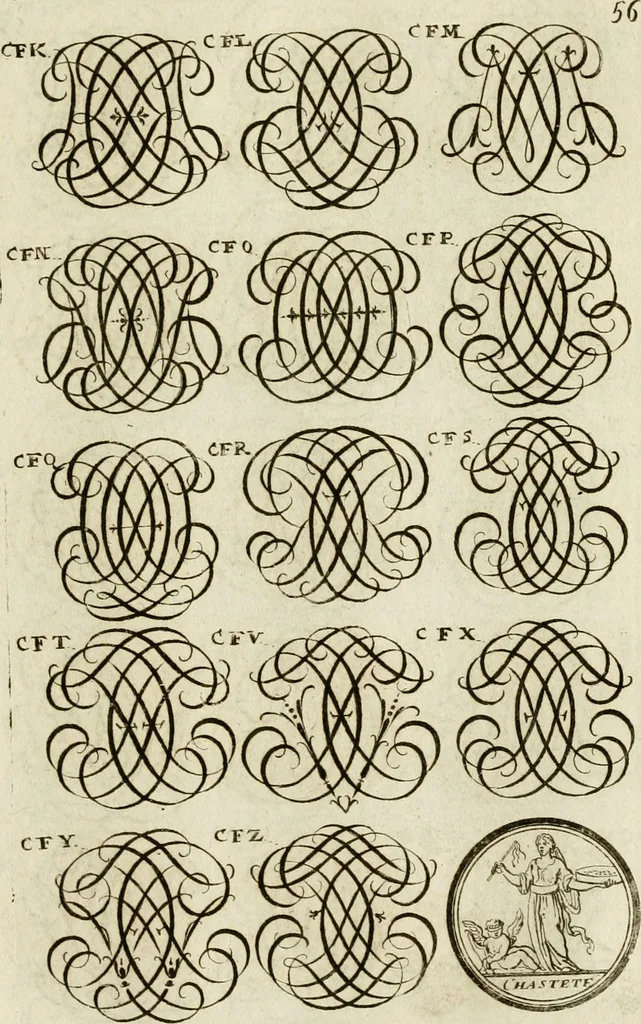 An illustration from Recueil d'emblêmes, devises, medailles, et figures hieroglyphiques, au nombre de plus de douze cent, avec leurs explications : accompagné de plus de deux mille chiffres fleuronnez simples, doubles & triples ... : cet ouvrage qui est enrichy de deux cens cinquante planches en taille-douce, est très-utile aux graveurs, peintres, sculpteurs, orfevres, brodeurs, serruriers & à tous ceux qui travaillent au dessein, 1724, leaf 214