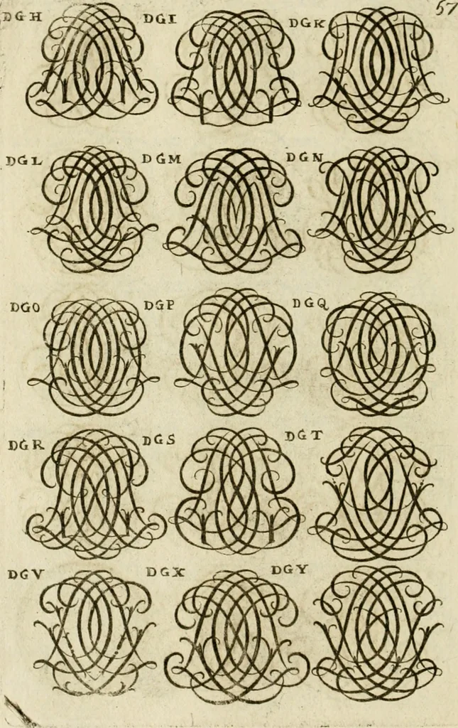 An illustration from Recueil d'emblêmes, devises, medailles, et figures hieroglyphiques, au nombre de plus de douze cent, avec leurs explications : accompagné de plus de deux mille chiffres fleuronnez simples, doubles & triples ... : cet ouvrage qui est enrichy de deux cens cinquante planches en taille-douce, est très-utile aux graveurs, peintres, sculpteurs, orfevres, brodeurs, serruriers & à tous ceux qui travaillent au dessein, 1724, leaf 215