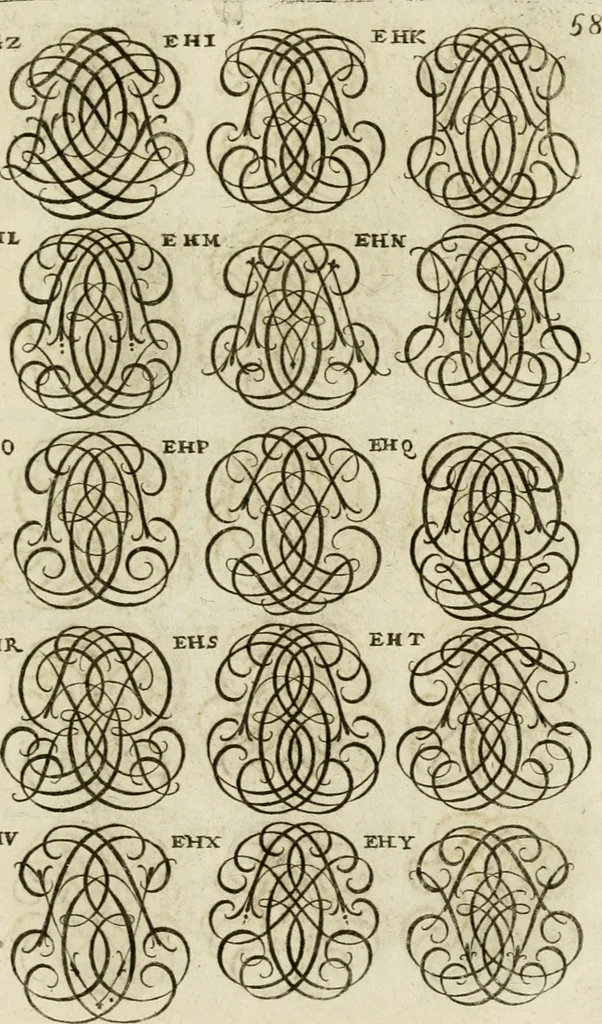 An illustration from Recueil d'emblêmes, devises, medailles, et figures hieroglyphiques, au nombre de plus de douze cent, avec leurs explications : accompagné de plus de deux mille chiffres fleuronnez simples, doubles & triples ... : cet ouvrage qui est enrichy de deux cens cinquante planches en taille-douce, est très-utile aux graveurs, peintres, sculpteurs, orfevres, brodeurs, serruriers & à tous ceux qui travaillent au dessein, 1724, leaf 216
