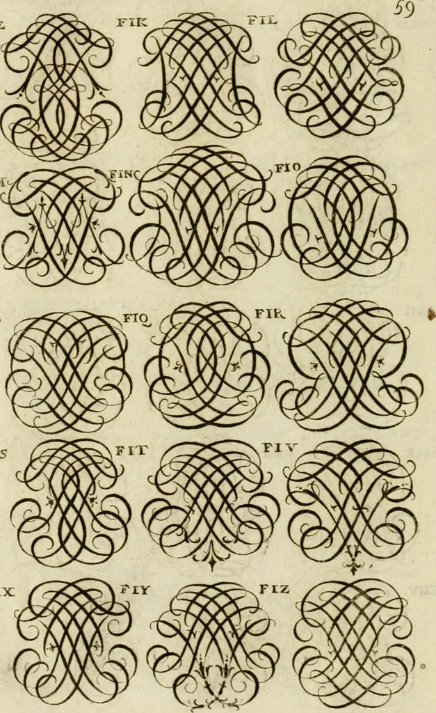 An illustration from Recueil d'emblêmes, devises, medailles, et figures hieroglyphiques, au nombre de plus de douze cent, avec leurs explications : accompagné de plus de deux mille chiffres fleuronnez simples, doubles & triples ... : cet ouvrage qui est enrichy de deux cens cinquante planches en taille-douce, est très-utile aux graveurs, peintres, sculpteurs, orfevres, brodeurs, serruriers & à tous ceux qui travaillent au dessein, 1724, leaf 217