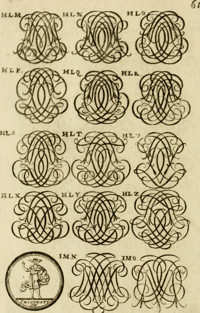 An illustration from Recueil d'emblêmes, devises, medailles, et figures hieroglyphiques, au nombre de plus de douze cent, avec leurs explications : accompagné de plus de deux mille chiffres fleuronnez simples, doubles & triples ... : cet ouvrage qui est enrichy de deux cens cinquante planches en taille-douce, est très-utile aux graveurs, peintres, sculpteurs, orfevres, brodeurs, serruriers & à tous ceux qui travaillent au dessein, 1724, leaf 219