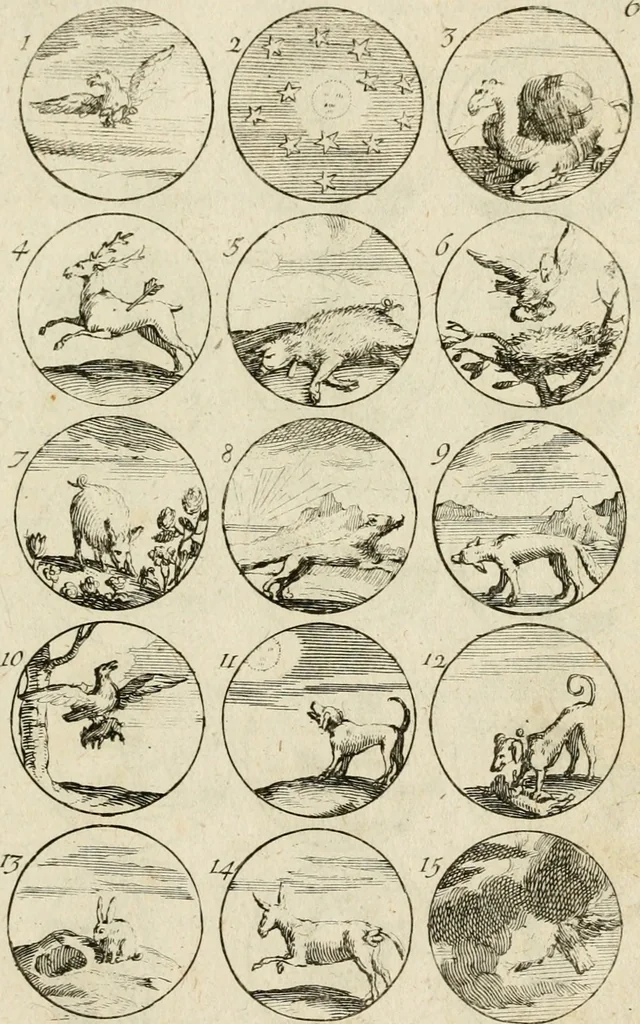 An illustration from Recueil d'emblêmes, devises, medailles, et figures hieroglyphiques, au nombre de plus de douze cent, avec leurs explications : accompagné de plus de deux mille chiffres fleuronnez simples, doubles & triples ... : cet ouvrage qui est enrichy de deux cens cinquante planches en taille-douce, est très-utile aux graveurs, peintres, sculpteurs, orfevres, brodeurs, serruriers & à tous ceux qui travaillent au dessein, 1724, leaf 22
