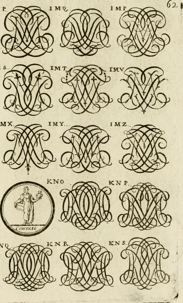 An illustration from Recueil d'emblêmes, devises, medailles, et figures hieroglyphiques, au nombre de plus de douze cent, avec leurs explications : accompagné de plus de deux mille chiffres fleuronnez simples, doubles & triples ... : cet ouvrage qui est enrichy de deux cens cinquante planches en taille-douce, est très-utile aux graveurs, peintres, sculpteurs, orfevres, brodeurs, serruriers & à tous ceux qui travaillent au dessein, 1724, leaf 220