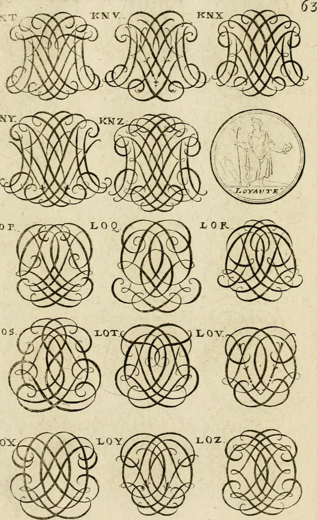An illustration from Recueil d'emblêmes, devises, medailles, et figures hieroglyphiques, au nombre de plus de douze cent, avec leurs explications : accompagné de plus de deux mille chiffres fleuronnez simples, doubles & triples ... : cet ouvrage qui est enrichy de deux cens cinquante planches en taille-douce, est très-utile aux graveurs, peintres, sculpteurs, orfevres, brodeurs, serruriers & à tous ceux qui travaillent au dessein, 1724, leaf 221