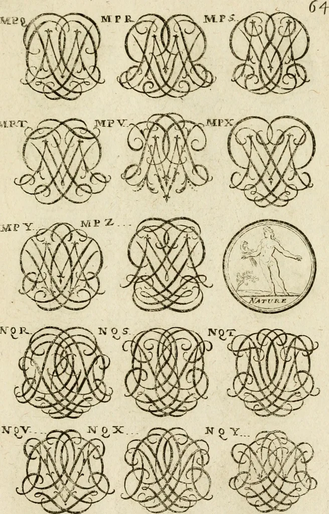 An illustration from Recueil d'emblêmes, devises, medailles, et figures hieroglyphiques, au nombre de plus de douze cent, avec leurs explications : accompagné de plus de deux mille chiffres fleuronnez simples, doubles & triples ... : cet ouvrage qui est enrichy de deux cens cinquante planches en taille-douce, est très-utile aux graveurs, peintres, sculpteurs, orfevres, brodeurs, serruriers & à tous ceux qui travaillent au dessein, 1724, leaf 222