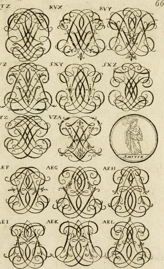 An illustration from Recueil d'emblêmes, devises, medailles, et figures hieroglyphiques, au nombre de plus de douze cent, avec leurs explications : accompagné de plus de deux mille chiffres fleuronnez simples, doubles & triples ... : cet ouvrage qui est enrichy de deux cens cinquante planches en taille-douce, est très-utile aux graveurs, peintres, sculpteurs, orfevres, brodeurs, serruriers & à tous ceux qui travaillent au dessein, 1724, leaf 224