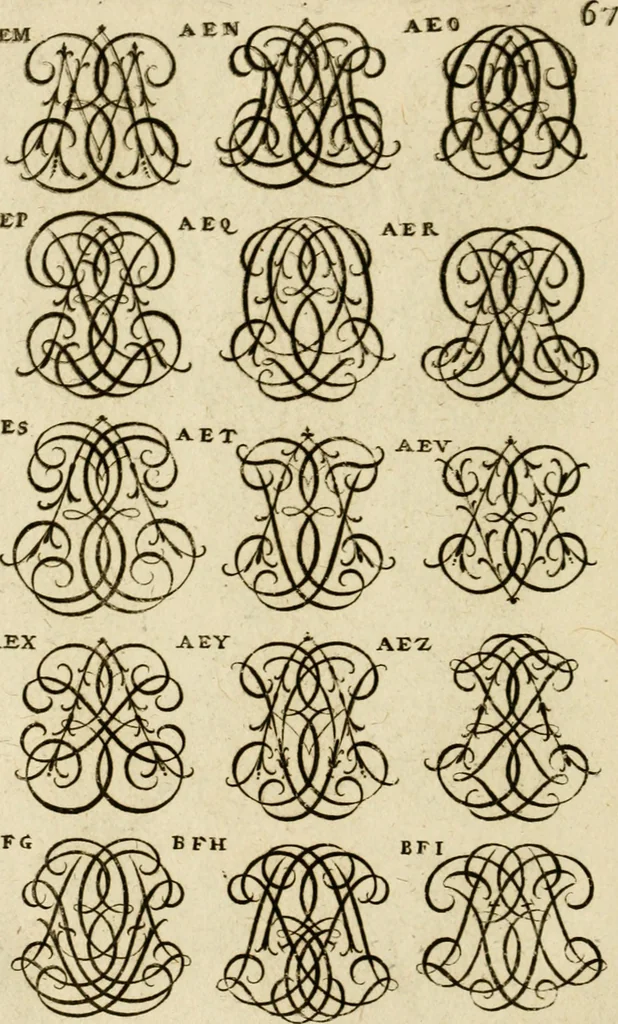 An illustration from Recueil d'emblêmes, devises, medailles, et figures hieroglyphiques, au nombre de plus de douze cent, avec leurs explications : accompagné de plus de deux mille chiffres fleuronnez simples, doubles & triples ... : cet ouvrage qui est enrichy de deux cens cinquante planches en taille-douce, est très-utile aux graveurs, peintres, sculpteurs, orfevres, brodeurs, serruriers & à tous ceux qui travaillent au dessein, 1724, leaf 225