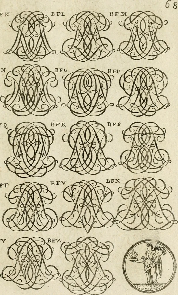 An illustration from Recueil d'emblêmes, devises, medailles, et figures hieroglyphiques, au nombre de plus de douze cent, avec leurs explications : accompagné de plus de deux mille chiffres fleuronnez simples, doubles & triples ... : cet ouvrage qui est enrichy de deux cens cinquante planches en taille-douce, est très-utile aux graveurs, peintres, sculpteurs, orfevres, brodeurs, serruriers & à tous ceux qui travaillent au dessein, 1724, leaf 226