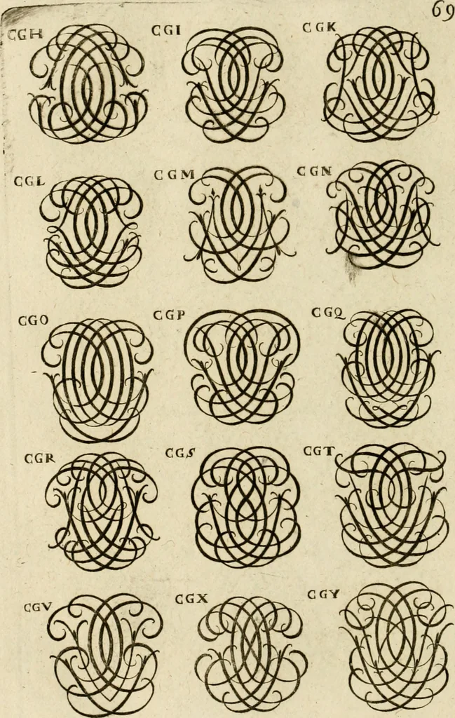 An illustration from Recueil d'emblêmes, devises, medailles, et figures hieroglyphiques, au nombre de plus de douze cent, avec leurs explications : accompagné de plus de deux mille chiffres fleuronnez simples, doubles & triples ... : cet ouvrage qui est enrichy de deux cens cinquante planches en taille-douce, est très-utile aux graveurs, peintres, sculpteurs, orfevres, brodeurs, serruriers & à tous ceux qui travaillent au dessein, 1724, leaf 227