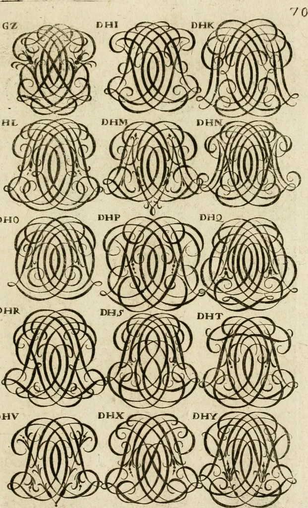 An illustration from Recueil d'emblêmes, devises, medailles, et figures hieroglyphiques, au nombre de plus de douze cent, avec leurs explications : accompagné de plus de deux mille chiffres fleuronnez simples, doubles & triples ... : cet ouvrage qui est enrichy de deux cens cinquante planches en taille-douce, est très-utile aux graveurs, peintres, sculpteurs, orfevres, brodeurs, serruriers & à tous ceux qui travaillent au dessein, 1724, leaf 228