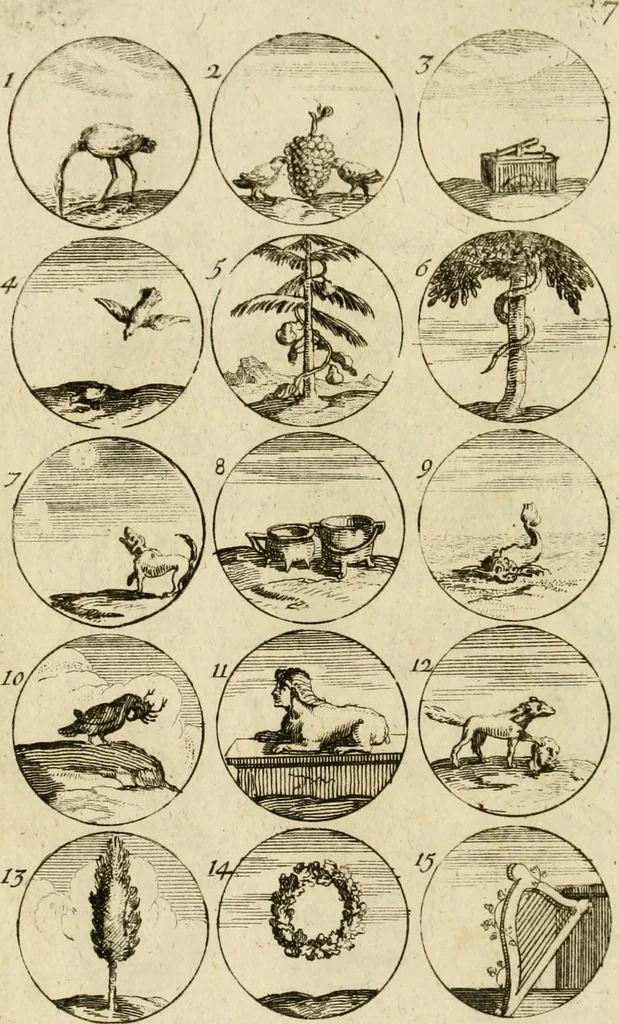 An illustration from Recueil d'emblêmes, devises, medailles, et figures hieroglyphiques, au nombre de plus de douze cent, avec leurs explications : accompagné de plus de deux mille chiffres fleuronnez simples, doubles & triples ... : cet ouvrage qui est enrichy de deux cens cinquante planches en taille-douce, est très-utile aux graveurs, peintres, sculpteurs, orfevres, brodeurs, serruriers & à tous ceux qui travaillent au dessein, 1724, leaf 23