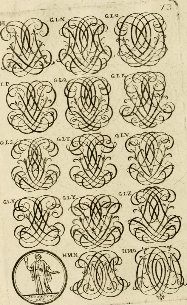 An illustration from Recueil d'emblêmes, devises, medailles, et figures hieroglyphiques, au nombre de plus de douze cent, avec leurs explications : accompagné de plus de deux mille chiffres fleuronnez simples, doubles & triples ... : cet ouvrage qui est enrichy de deux cens cinquante planches en taille-douce, est très-utile aux graveurs, peintres, sculpteurs, orfevres, brodeurs, serruriers & à tous ceux qui travaillent au dessein, 1724, leaf 231