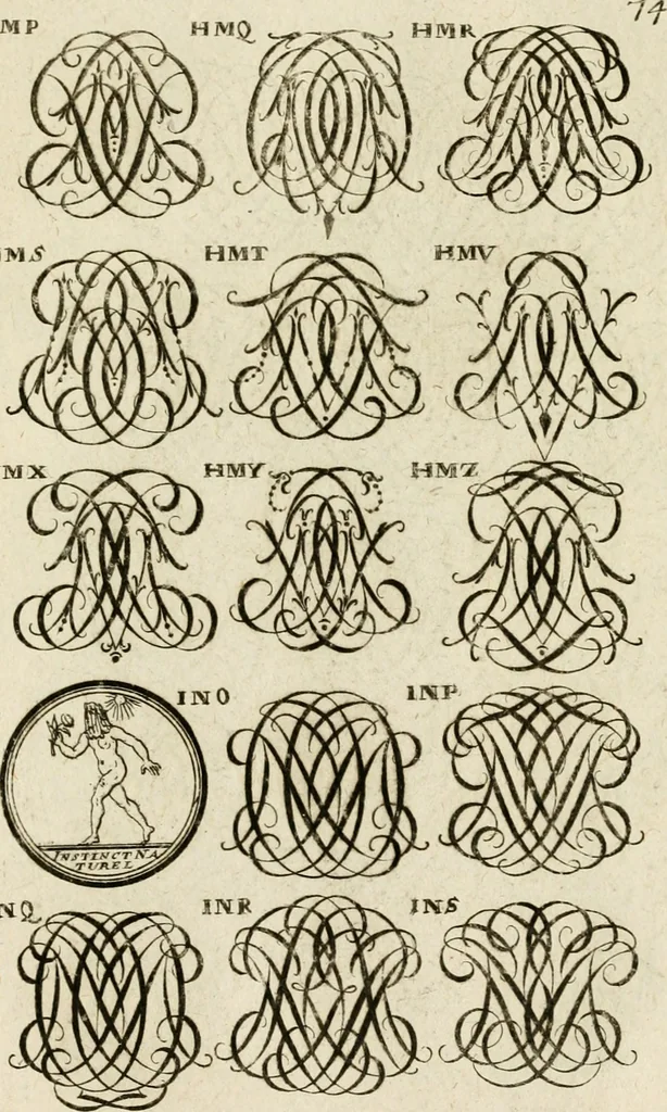 An illustration from Recueil d'emblêmes, devises, medailles, et figures hieroglyphiques, au nombre de plus de douze cent, avec leurs explications : accompagné de plus de deux mille chiffres fleuronnez simples, doubles & triples ... : cet ouvrage qui est enrichy de deux cens cinquante planches en taille-douce, est très-utile aux graveurs, peintres, sculpteurs, orfevres, brodeurs, serruriers & à tous ceux qui travaillent au dessein, 1724, leaf 232