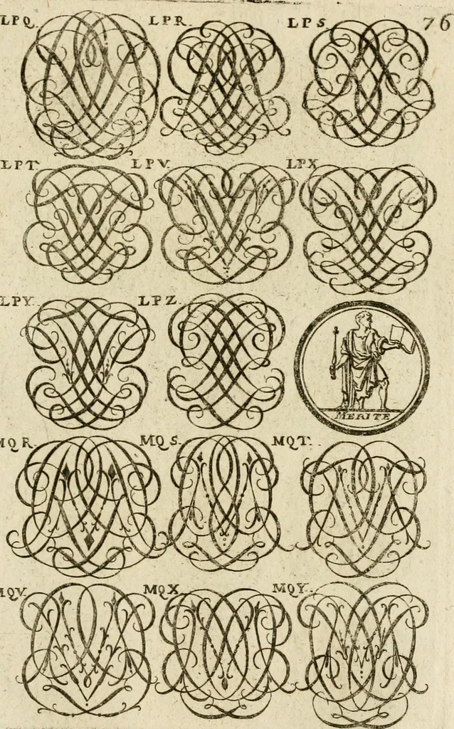 An illustration from Recueil d'emblêmes, devises, medailles, et figures hieroglyphiques, au nombre de plus de douze cent, avec leurs explications : accompagné de plus de deux mille chiffres fleuronnez simples, doubles & triples ... : cet ouvrage qui est enrichy de deux cens cinquante planches en taille-douce, est très-utile aux graveurs, peintres, sculpteurs, orfevres, brodeurs, serruriers & à tous ceux qui travaillent au dessein, 1724, leaf 234