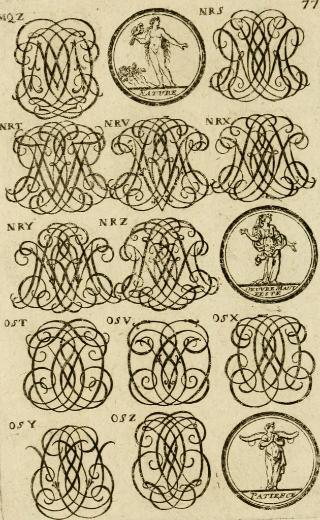 An illustration from Recueil d'emblêmes, devises, medailles, et figures hieroglyphiques, au nombre de plus de douze cent, avec leurs explications : accompagné de plus de deux mille chiffres fleuronnez simples, doubles & triples ... : cet ouvrage qui est enrichy de deux cens cinquante planches en taille-douce, est très-utile aux graveurs, peintres, sculpteurs, orfevres, brodeurs, serruriers & à tous ceux qui travaillent au dessein, 1724, leaf 235