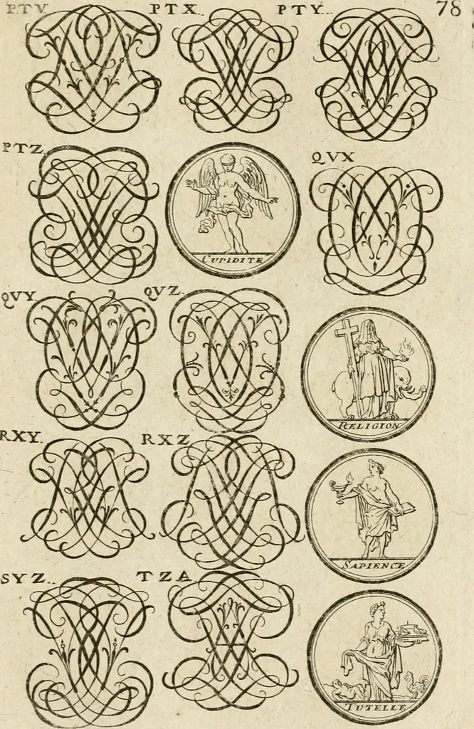 An illustration from Recueil d'emblêmes, devises, medailles, et figures hieroglyphiques, au nombre de plus de douze cent, avec leurs explications : accompagné de plus de deux mille chiffres fleuronnez simples, doubles & triples ... : cet ouvrage qui est enrichy de deux cens cinquante planches en taille-douce, est très-utile aux graveurs, peintres, sculpteurs, orfevres, brodeurs, serruriers & à tous ceux qui travaillent au dessein, 1724, leaf 236