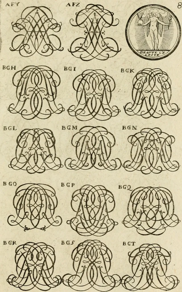 An illustration from Recueil d'emblêmes, devises, medailles, et figures hieroglyphiques, au nombre de plus de douze cent, avec leurs explications : accompagné de plus de deux mille chiffres fleuronnez simples, doubles & triples ... : cet ouvrage qui est enrichy de deux cens cinquante planches en taille-douce, est très-utile aux graveurs, peintres, sculpteurs, orfevres, brodeurs, serruriers & à tous ceux qui travaillent au dessein, 1724, leaf 238
