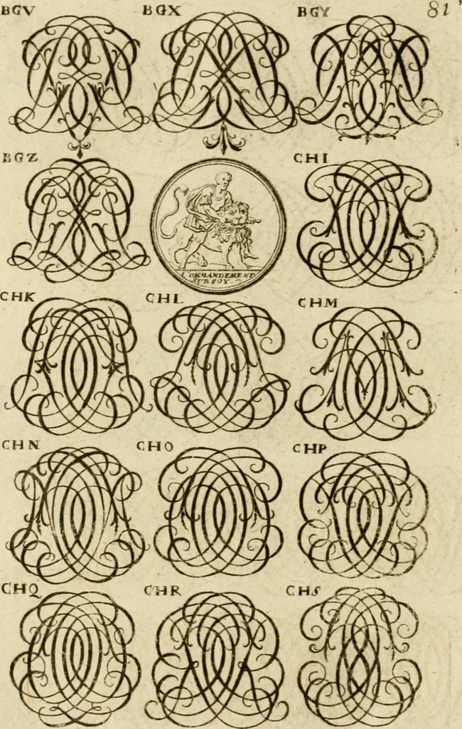 An illustration from Recueil d'emblêmes, devises, medailles, et figures hieroglyphiques, au nombre de plus de douze cent, avec leurs explications : accompagné de plus de deux mille chiffres fleuronnez simples, doubles & triples ... : cet ouvrage qui est enrichy de deux cens cinquante planches en taille-douce, est très-utile aux graveurs, peintres, sculpteurs, orfevres, brodeurs, serruriers & à tous ceux qui travaillent au dessein, 1724, leaf 239