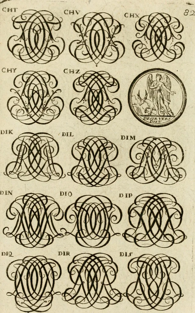 An illustration from Recueil d'emblêmes, devises, medailles, et figures hieroglyphiques, au nombre de plus de douze cent, avec leurs explications : accompagné de plus de deux mille chiffres fleuronnez simples, doubles & triples ... : cet ouvrage qui est enrichy de deux cens cinquante planches en taille-douce, est très-utile aux graveurs, peintres, sculpteurs, orfevres, brodeurs, serruriers & à tous ceux qui travaillent au dessein, 1724, leaf 240