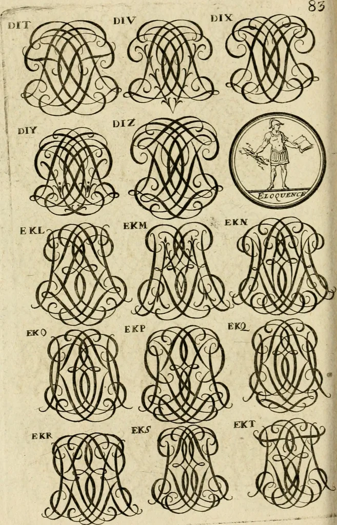 An illustration from Recueil d'emblêmes, devises, medailles, et figures hieroglyphiques, au nombre de plus de douze cent, avec leurs explications : accompagné de plus de deux mille chiffres fleuronnez simples, doubles & triples ... : cet ouvrage qui est enrichy de deux cens cinquante planches en taille-douce, est très-utile aux graveurs, peintres, sculpteurs, orfevres, brodeurs, serruriers & à tous ceux qui travaillent au dessein, 1724, leaf 241